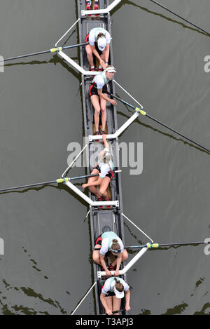 London, UK. 7th Apr, 2019. Cambridge University women's crew celebrate winning the women's boat race between Oxford University and Cambridge University on the River Thames in London on April 7, 2019. Credit: Stephen Chung/Xinhua/Alamy Live News Stock Photo