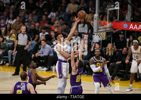 Los Angeles, USA. 7th Apr 2019. Los Angeles Lakers forward Johnathan Williams (19) during the Utah Jazz vs Los Angeles Lakers game at Staples Center in Los Angeles, CA. on April 7, 2019. (Photo by Jevone Moore) Credit: Cal Sport Media/Alamy Live News Stock Photo