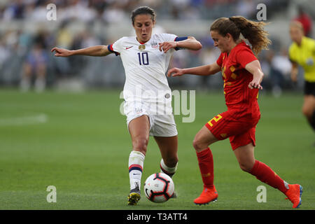 April 7, 2019:Belgium defender Davina Philtjens (2) kicks the ball away from United States of America midfielder Carli Lloyd (10) during the game between Belgium and USA at Banc of California Stadium in Los Angeles, CA. USA. (Photo by Peter Joneleit) Stock Photo