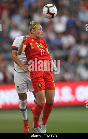 Los Angeles, CA, USA. 7th Apr, 2019. Belgium forward Janice Cayman (11) has a ball in the first half during the game between Belgium and USA at Banc of California Stadium in Los Angeles, CA. USA. (Photo by Peter Joneleit) Credit: csm/Alamy Live News Stock Photo