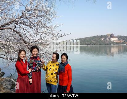 Beijing, China. 16th Mar, 2019. Women pose for photos with flowers at the Summer Palace in Beijing, capital of China, March 16, 2019. Credit: Wei Mengjia/Xinhua/Alamy Live News Stock Photo
