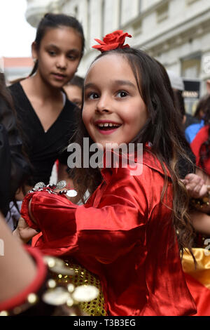 Brno, Czech Republic. 08th Apr, 2019. A young girl attends Roma Pride march organised within Week of Roma Culture, on International Romani Day, April 8, 2019, in Brno, Czech Republic. Credit: Vaclav Salek/CTK Photo/Alamy Live News Stock Photo