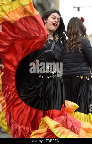 Brno, Czech Republic. 08th Apr, 2019. A girl attends Roma Pride march organised within Week of Roma Culture, on International Romani Day, April 8, 2019, in Brno, Czech Republic. Credit: Vaclav Salek/CTK Photo/Alamy Live News Stock Photo