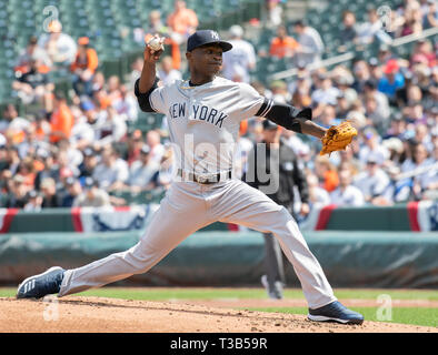 Baltimore, United States Of America. 07th Apr, 2019. New York Yankees relief pitcher Domingo German (55) works in the first inning against the Baltimore Orioles at Oriole Park at Camden Yards in Baltimore, MD on Sunday, April 7, 2019. Credit: Ron Sachs/CNP (RESTRICTION: NO New York or New Jersey Newspapers or newspapers within a 75 mile radius of New York City) | usage worldwide Credit: dpa/Alamy Live News Stock Photo