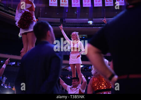 April 04, 2019: The Texas Longhorns cheerleaders perform at the final of the NIT Tournament game between The Texas Longhorns and The Lipscomb Bisons at Madison Square Garden, New York, New York. Mandatory credit: Kostas Lymperopoulos/CSM Stock Photo