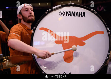 April 04, 2019: The Texas Longhorns band performs at the final of the NIT Tournament game between The Texas Longhorns and The Lipscomb Bisons at Madison Square Garden, New York, New York. Mandatory credit: Kostas Lymperopoulos/CSM Stock Photo