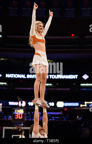 April 04, 2019: The Texas Longhorns cheerleaders perform at the final of the NIT Tournament game between The Texas Longhorns and The Lipscomb Bisons at Madison Square Garden, New York, New York. Mandatory credit: Kostas Lymperopoulos/CSM Stock Photo