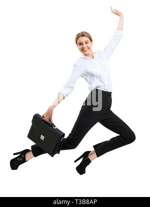 Young happy business woman jumping up in formal wear. Stock Photo