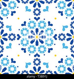 Moroccan or Portuguese vector seamless tile pattern, Azulejo geometric design in navy blue. Traditional repetitive background with abstract shapes Stock Vector