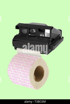 Bad shots. Do better what you love. Retro or oldschool black camera printing toilet paper as a photo against green background. Modern design. Contemporary art collage. Concept of photosession or arts.