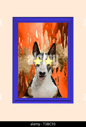 Pets Rights. An Animal Protection. Dogs Head In Sport Or American Football  Blue Helmet Against Yellow Background. Negative Space. Dogs And Cats  Safety. Modern Design. Contemporary Art Collage. Stock Photo, Picture and