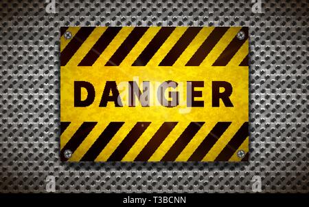 Bright yellow danger plate on metallic grid, industrial background Stock Vector