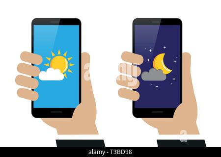 hand holds smartphone with weather report day and night isolated on white background vector illustration EPS10 Stock Vector