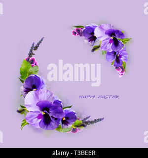 Bouquet of flowers isolated on lilac background.Ornament with flowers and eggs for a bright Easter holiday. Postcard, vignette. Stock Photo