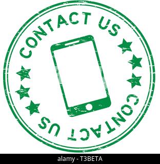 Grunge green contact us with phone icon round rubber seal stamp on white background Stock Vector