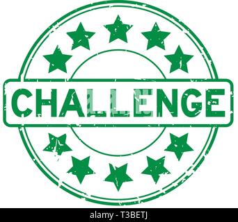 Grunge green challenge with star icon round rubber seal stamp Stock Vector