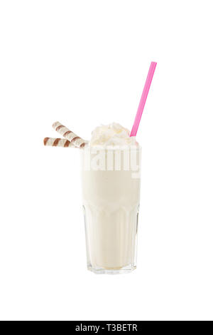 Milk cocktail with wafer duct, pink straw, isolated white background in a high glass and whipped cream, vanilla, side view Stock Photo