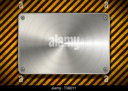 Warning sign yellow and black stripes with polished metal blank plate, industrial background Stock Vector