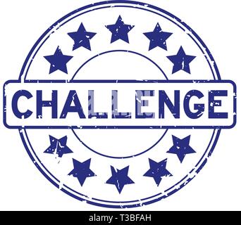 Grunge blue challenge with star icon round rubber seal stamp Stock Vector