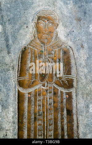 St Mawgan's Church in the village of St Mawgan in Pydar, Lanherne, Newquay, Cornwall, UK. A fine 16c memorial brass to one of the Arundell family Stock Photo