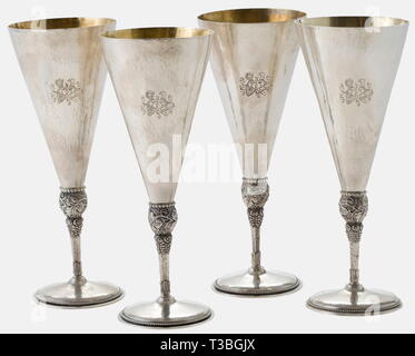 Hermann Göring and Emmy Sonnemann, four silver goblets, wedding gifts for the couple 1935 Hand-hammered silver, gilt interior, the obverse engraved with a alliance coat of arms. The stems with grape and vine leaf decoration in relief, the circular foot with the master's mark 'Kleemann' and hallmark '925'. Height of each goblet 18 cm, weight between 172 and 178 g. historic, historical, 1930s, 20th century, NS, National Socialism, Nazism, Third Reich, German Reich, Germany, German, National Socialist, Nazi, Nazi period, fascism, vessel, vessels, object, objects, stills, clipp, Editorial-Use-Only Stock Photo