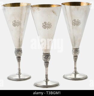 Hermann Göring and Emmy Sonnemann, three silver goblets, wedding gifts for the couple 1935 See previous lot. Height of each goblet 18 cm, weight between 170 and 174 g. historic, historical, 1930s, 20th century, NS, National Socialism, Nazism, Third Reich, German Reich, Germany, German, National Socialist, Nazi, Nazi period, fascism, fine arts, art, art object, art objects, artful, precious, collectible, collector's item, collectibles, collector's items, rarity, rarities, drinking glass, drinking glasses, vessel, vessels, Editorial-Use-Only Stock Photo