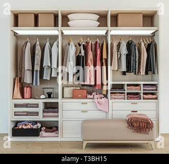 modern wooden wardrobe with women clothes hanging on rail in walk in closet design interior, 3d rendering Stock Photo