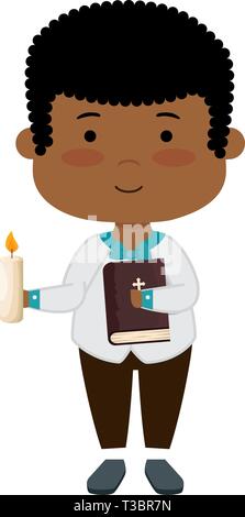 little black boy with bibble and candle first communion Stock Vector