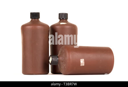 Photo developing equipment - Plastic bottle with chemicals, isolated on white Stock Photo