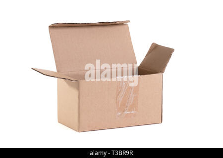 Cardboard box with flip open lid, lid open, isolated on white Stock Photo