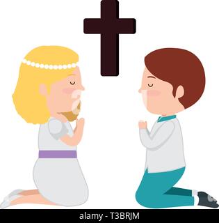 little kids kneeling with cross first communion Stock Vector Image ...