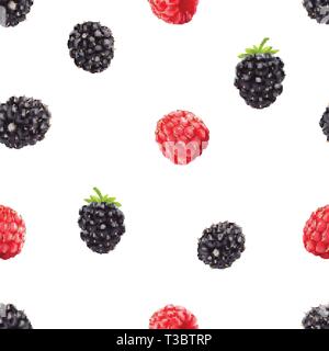 Blackberries and raspberries seamless pattern. 3d realistic vector berries. Stock Vector