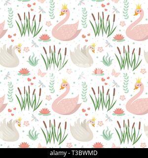 Swans cute seamless pattern. Modern princess swan repetitive texture. Holiday endless background, backdrop. Vector illustration. Stock Vector