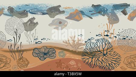Seamless horizontal pattern with corals, algae, fish, and starfish. Stock Vector