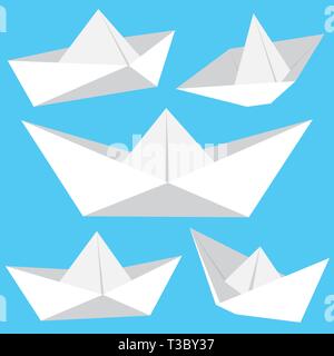 White origami paper boats collection. Folded paper boat set on blue background. Vector illustration Stock Vector