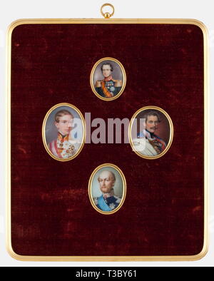 Four portrait miniatures, of European sovereigns, circa 1850 Watercolour and gouache on ivory. Very delicate paintings, each under glass and with brass framing as well as alltogether in a later, gilt frame with red velvet lining, dimensions of the frame circa 21 x 18 cm. Inscription on the reverse side. Emperor Franz Josef I. (1830 - 1916) as juvenile, newly crowned emperor in an Austrian field marshal's uniform, highly decorated with orders, signed on the side 'Anreiter', circa 50 x 43 mm. King Wilhelm II. of the Netherlands (1792 - 1849) in uni, Additional-Rights-Clearance-Info-Not-Available Stock Photo