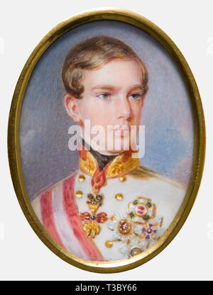portrait miniatures of European sovereigns, circa 1850, Watercolour and gouache on ivory, Emperor Franz Josef I. of Austria (1830 - 1916) as juvenile, in an Austrian field marshal's uniform, signed on the side 'Anreiter', circa 50 x 43 mm,unifo people, 19th century, object, objects, stills, clipping, clippings, cut out, cut-out, cut-outs, man, men, male, Additional-Rights-Clearance-Info-Not-Available Stock Photo