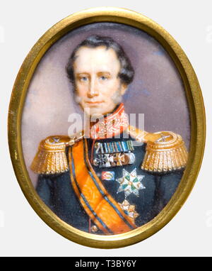 portrait miniatures of European sovereigns, circa 1850, Watercolour and gouache on ivory, King Wilhelm II. of the Netherlands (1792 - 1849), in uniform with medals, signed 'C. Hamburger', circa 35 x 27 mm, people, 19th century, object, objects, stills, clipping, clippings, cut out, cut-out, cut-outs, man, men, male, Additional-Rights-Clearance-Info-Not-Available Stock Photo
