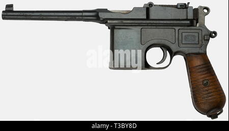 A German Mauser C96 pistol pattern 1930, calibre 7,63, serial number 917959. Mauser banner on the left side of the frame, a crowned "U" stamped on the barrel, original bluing, the grip panels with 12 grooves. The matching wooden stock also with Mauser banner. historic, historical, 1930s, 20th century, handgun, handheld, firearm, fire arm, gun, fire arms, firearms, guns, weapon, arms, weapons, arms, pistols, object, objects, stills, clipping, clippings, cut out, cut-out, cut-outs, Editorial-Use-Only Stock Photo