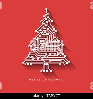 Vector christmas tree from digital electronic circuit on red background with long shadow Stock Vector