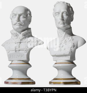 Six busts made from biscuit porcelain, circa 1840/50, representing members of the Archhouse and high-ranking military officers Five busts by the manufactory Kriegel & Cie. in Prague ('K.&C. Prag') and one Bohemian manufactory 'Chodau'. Each bust made from biscuit porcelain, five of them with name inscriptions, the bases glazed, with gold borders, five octagonal bases and one circular. Kaiser Ferdinand I (1793 - 1875) in uniform highly decorated with orders (amongst others the Golden Fleece), the only bust without name inscription, height 14 cm. A, Additional-Rights-Clearance-Info-Not-Available Stock Photo