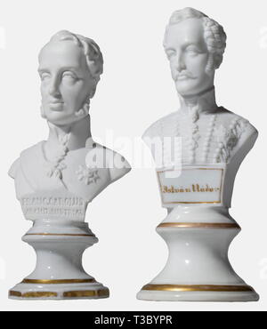 Six busts made from biscuit porcelain, circa 1840/50, representing members of the Archhouse and high-ranking military officers Five busts by the manufactory Kriegel & Cie. in Prague ('K.&C. Prag') and one Bohemian manufactory 'Chodau'. Each bust made from biscuit porcelain, five of them with name inscriptions, the bases glazed, with gold borders, five octagonal bases and one circular. Kaiser Ferdinand I (1793 - 1875) in uniform highly decorated with orders (amongst others the Golden Fleece), the only bust without name inscription, height 14 cm. A, Additional-Rights-Clearance-Info-Not-Available Stock Photo