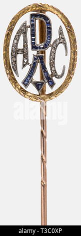 Friedrich Christiansen, most successful naval aviator of World War I, a gold and jewelled ADAC gift pin Gold, diamonds, and sapphires. High oval laurel wreath, the centre with the four characters of the German automobile club set a jour with either diamonds or sapphires. Length 68 mm, weight 3 g. historic, historical, 1910s, 20th century, troop, troops, armed forces, military, militaria, army, wing, group, air force, air forces, medal, decoration, medals, decorations, honouring, honor, honour, honors, honours, badge, badges, object, objects, stil, Additional-Rights-Clearance-Info-Not-Available Stock Photo