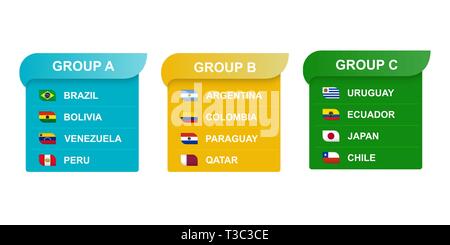 South America soccer cup groups. All flags Stock Vector