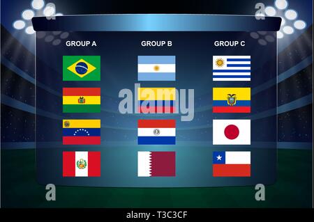 South America soccer cup groups. All flags Stock Vector