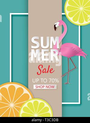 Creative illustration summer sale banner with lemon, orange and flamingo bird in paper cut style. Poster, banner, advertising, wallpaper, postcard, fl Stock Vector