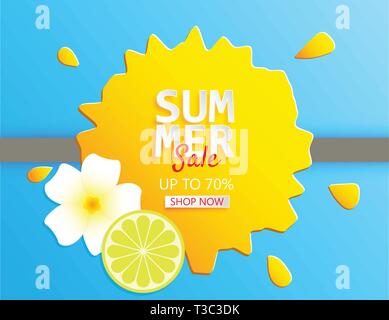 Creative illustration summer sale banner with lemon and plumeria flower in paper cut style. Poster, banner, advertising, wallpaper, postcard, flyer te Stock Vector
