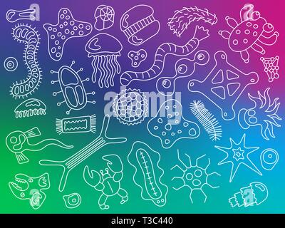 Various microorganisms on colorful gradient background pattern. Backdrop with infectious germs, protists, microbes, disease causing bacteria, viruses. Stock Vector