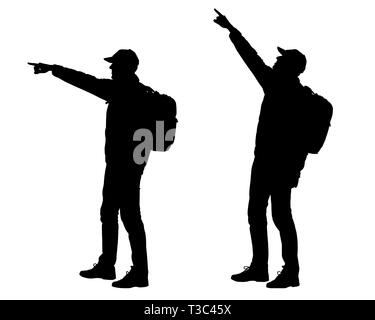 Realistic silhouette of standing man tourist with backpack. He points his hand in the distance or up. Isolated on white background - vector Stock Vector