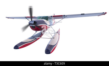 Retro seaplane illustration. 3D render. Isolated on white background. Propeller is rotating and blurred Stock Photo